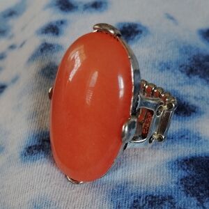 Elegant Silver-tone and Orange Jade Stretch Statement Ring
